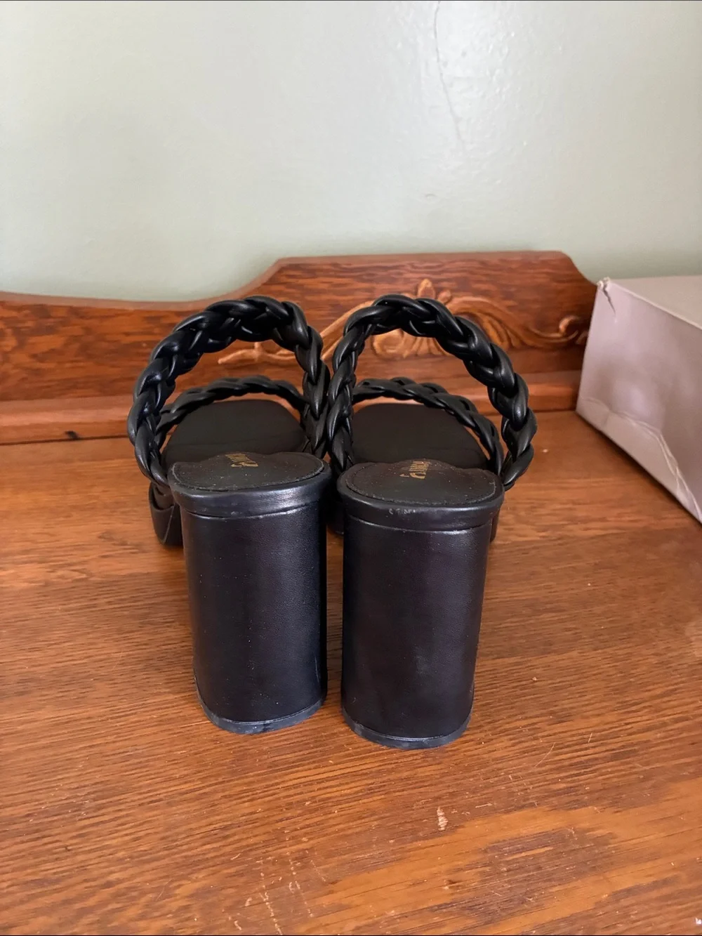 Braided Strap Black Platform Block Heels for Women